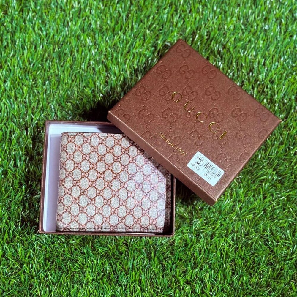 Gucci Web Bi-Fold Wallet In Beige Canvas and Brown Leather Trim